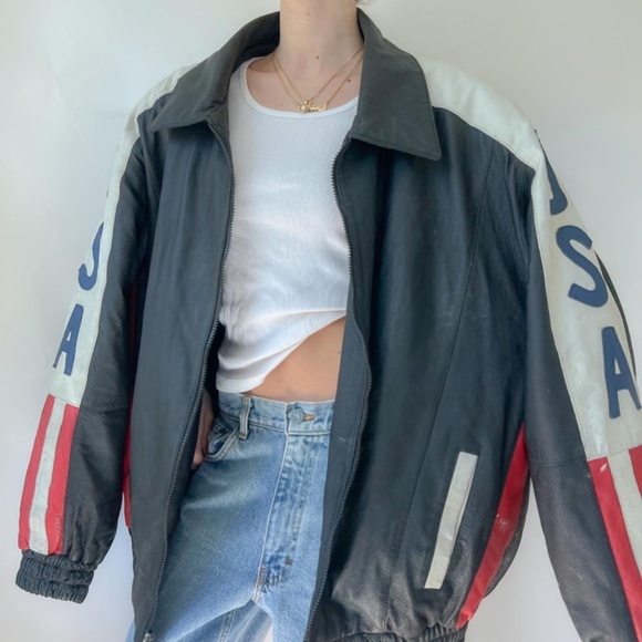 Vintage 80s/90s Black Collared Leather USA Aviator Bomber Jacket ✨ - Picture 4 of 7